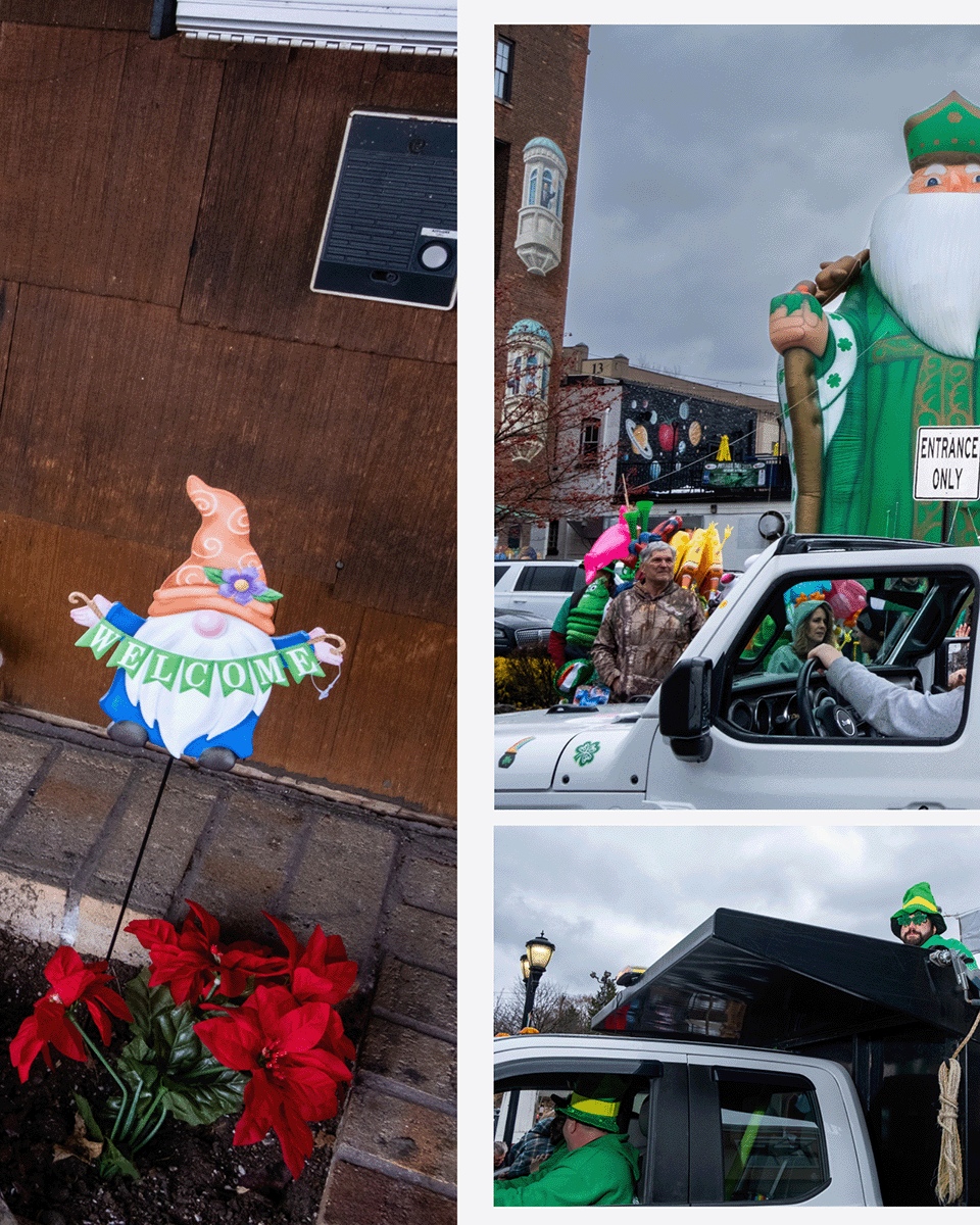 Decorations for St. Patrick's Day including a garden gnome with a 'Welcome' banner and red poinsettia flowers, and a parade float featuring an oversized leprechaun figure, people in green attire, and festive decorations.