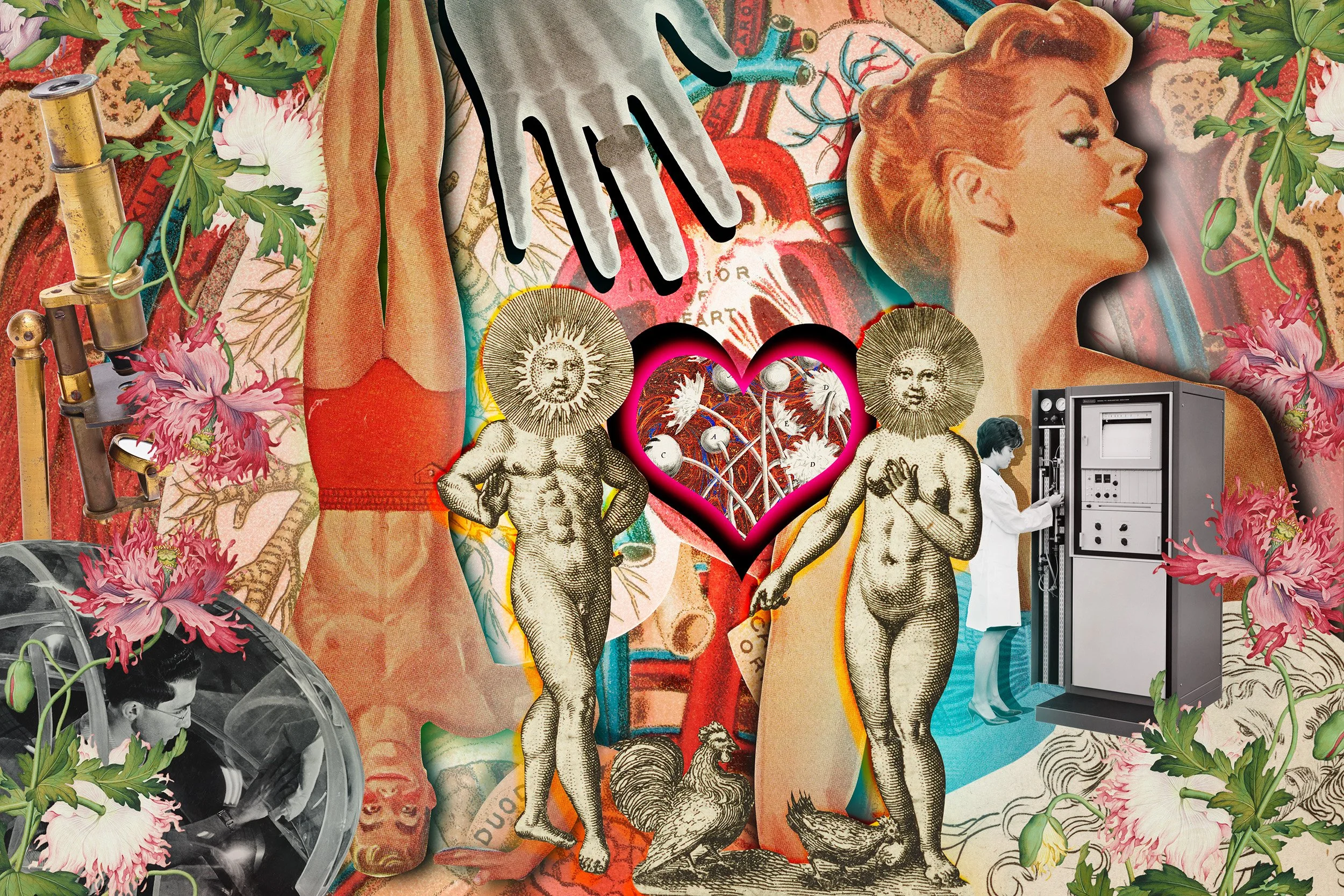 A collage featuring vintage illustrations of a man and woman with sun masks for heads, a heart outline with interconnected circles, a woman in a white dress operating a computer, flowers, a microscope, a rooster, and other abstract and vintage elements.