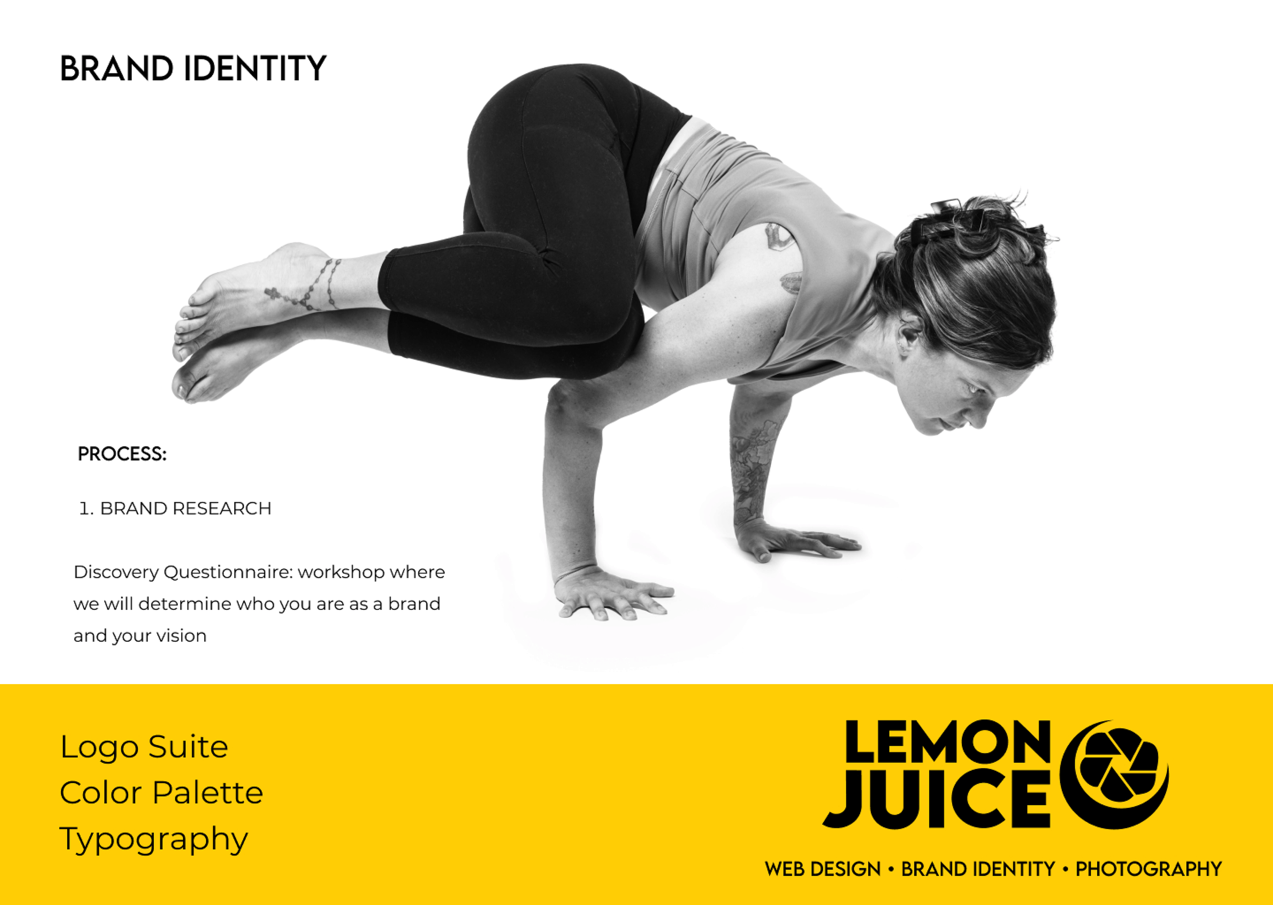 A woman in a yoga pose balancing on her hands with her knees tucked to her chest, in front of a white background. The image is part of a brand identity design presentation for Lemon Juice, featuring logo suite, color palette, and typography, with a s