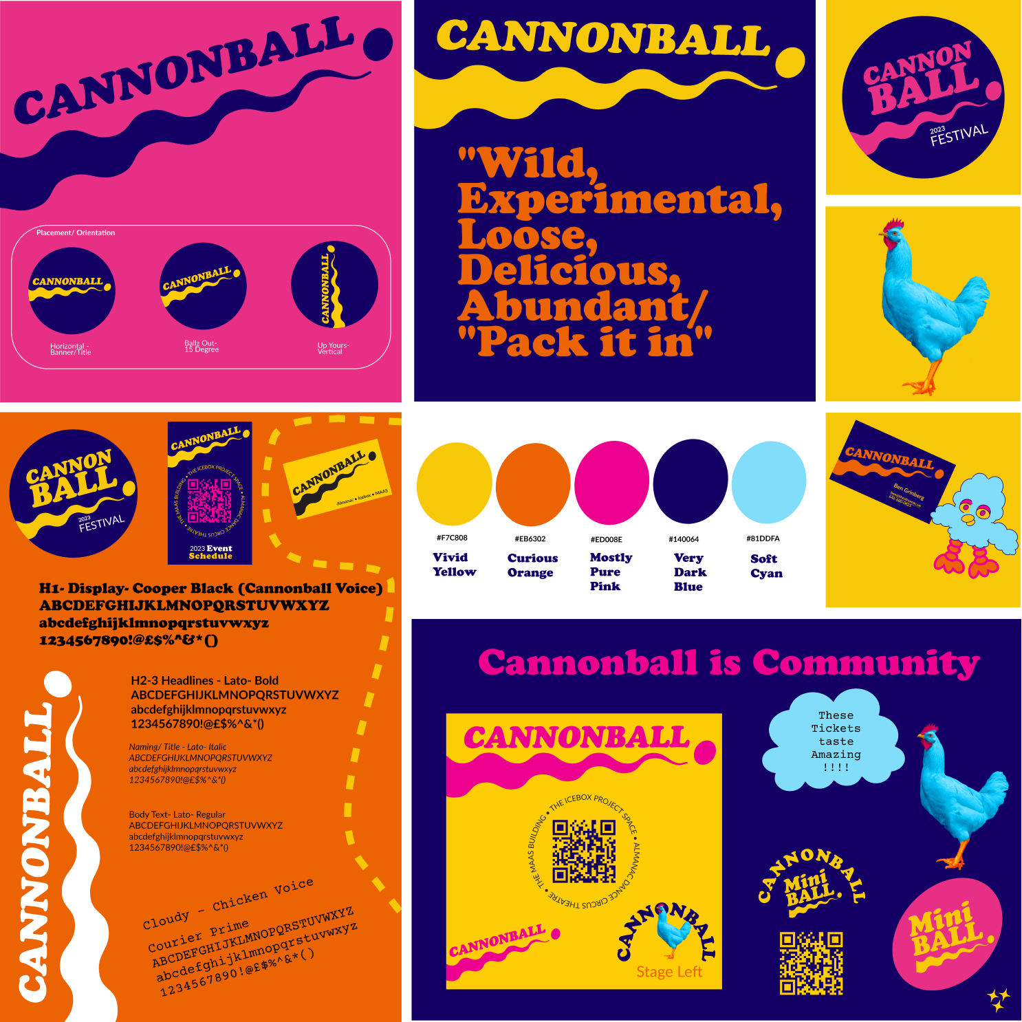 Collage of colorful posters and graphics promoting the Cannonball Festival with vibrant colors, playful fonts, a chicken, a blue bird, and QR codes.