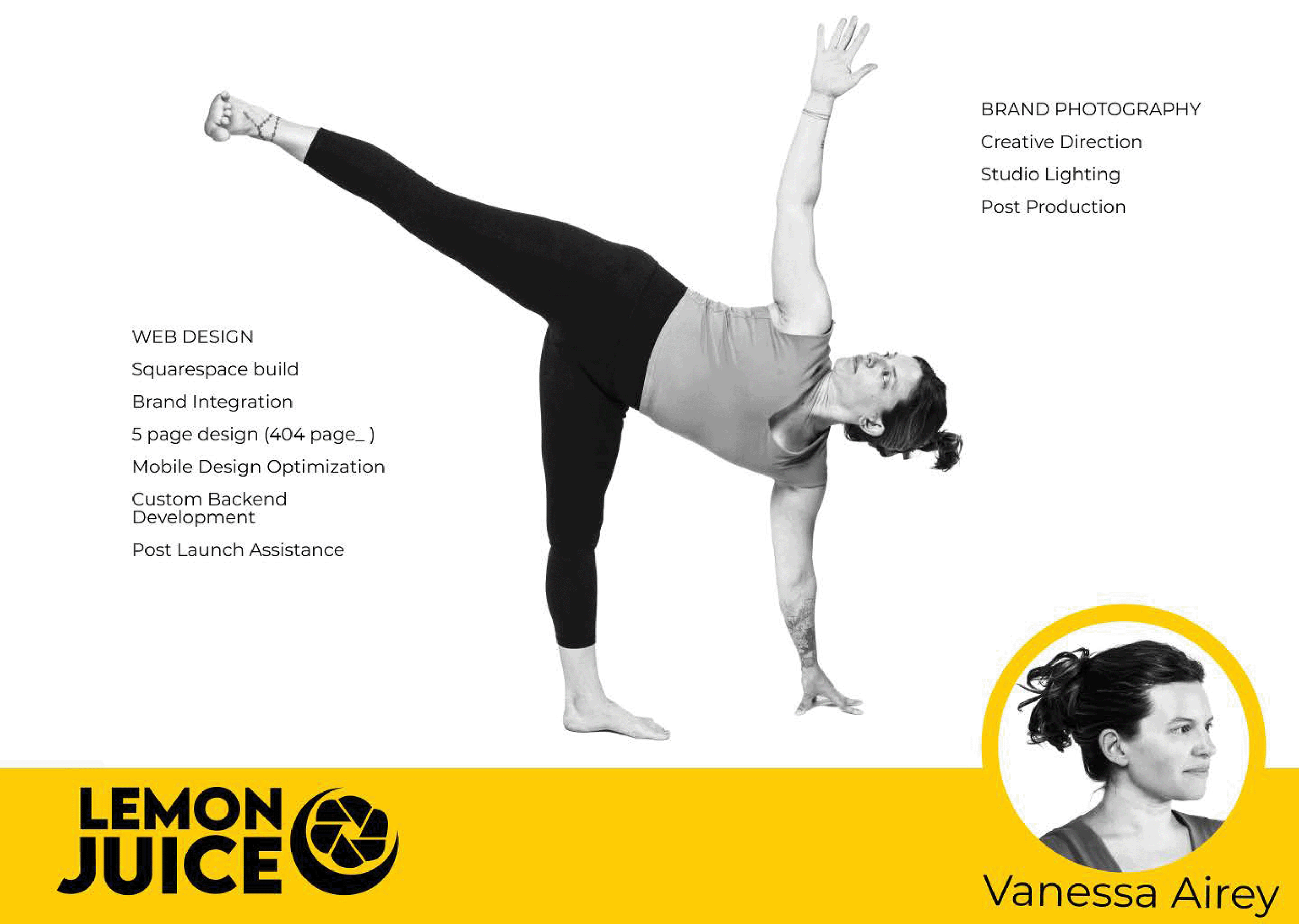Black and white advertisement featuring a woman in yoga pose with left leg elevated and arm reaching upward, and a small portrait of Vanessa Airey in a yellow circle at the bottom right. The ad includes text promoting web design services and photogra
