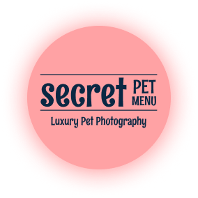 Pink circular logo for 'Secret Pet Menu,' a luxury pet photography service.