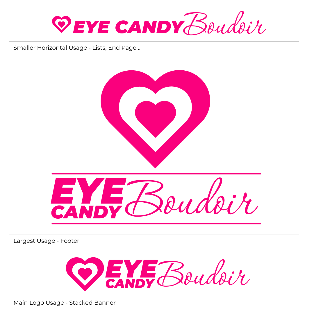 Design with the logo "Eye Candy Boudoir" featuring pink hearts and bold pink and cursive pink text.