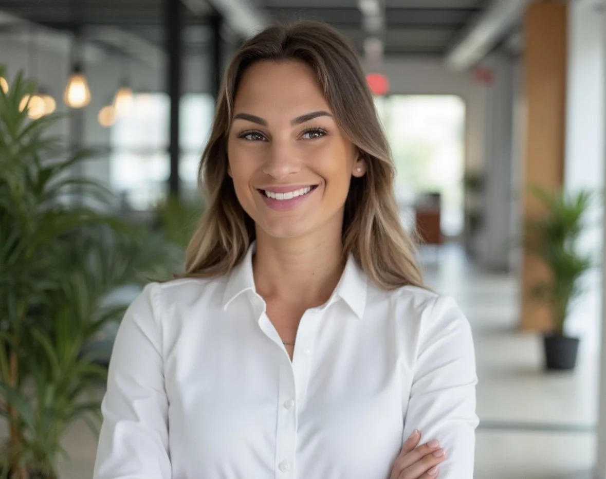 Eine lächelnde Frau mit braunen, gewellten Haaren trägt eine weiße Bluse in einem modernen Büro mit Pflanzen und großen Fenstern im Hintergrund.