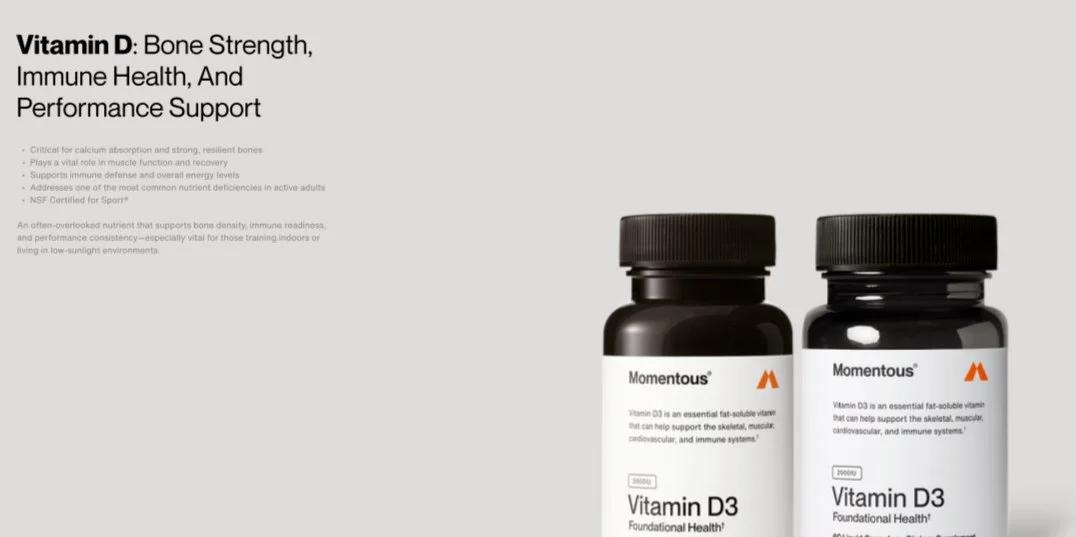 Two bottles of Vitamin D3 supplements from the brand Momentous, placed side by side on a white background with product information in the background.