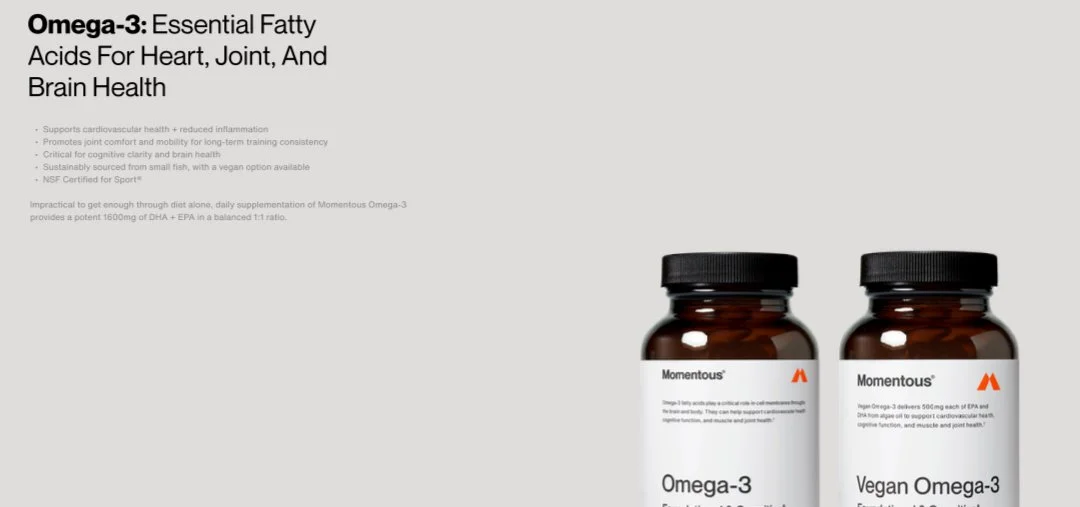 Two bottles of Omega-3 supplements, labeled 'Momentous' and 'Vegan Omega-3', are displayed side by side on a grey background.