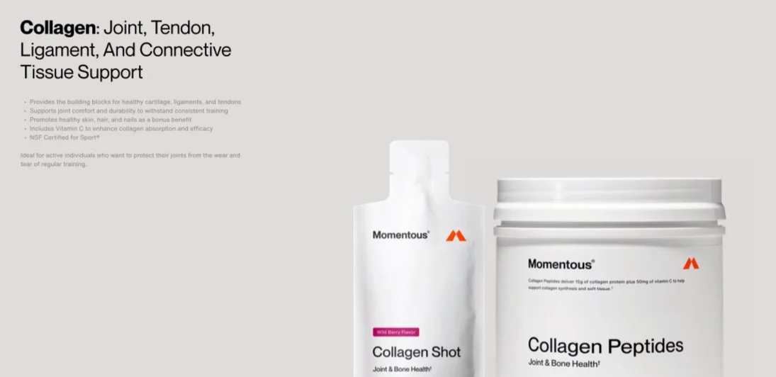 Product packaging for Momentous Collagen Shot and Collagen Peptides, with a description of their benefits for joint, tendon, ligament, and connective tissue support.