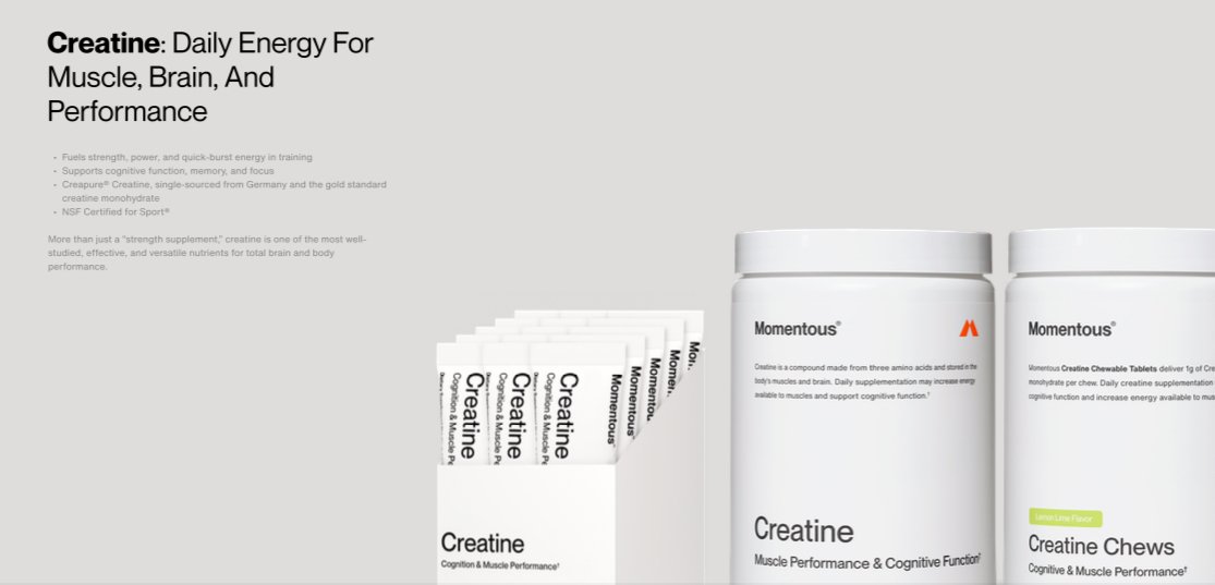 Supplements box labeled 'Creatine' and 'Momentous' creatine chews, along with sachets and a bottle, on a light background.