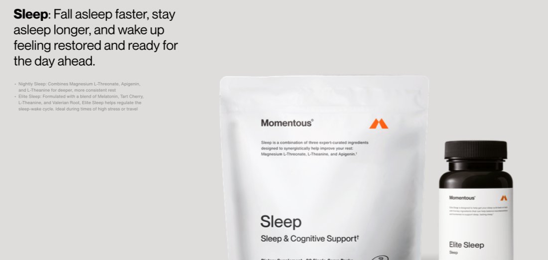 A white packet labeled 'Sleep & Cognitive Support' and a small black bottle labeled 'Elite Sleep' from Momentum, set against a light gray background.