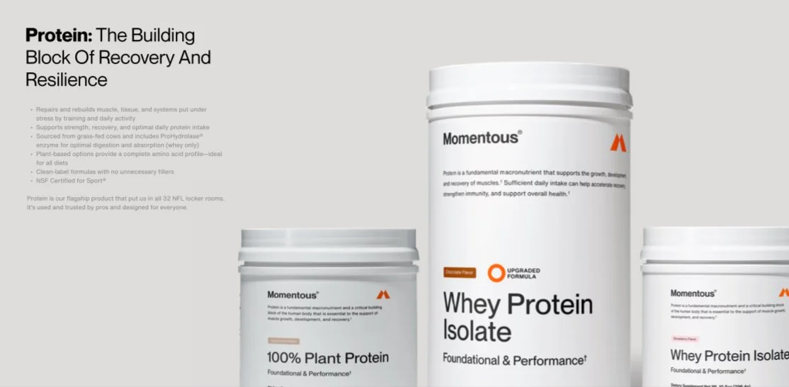 Three containers of Momentous whey protein powders with white backgrounds and minimal text, featuring orange accents and the company logo.