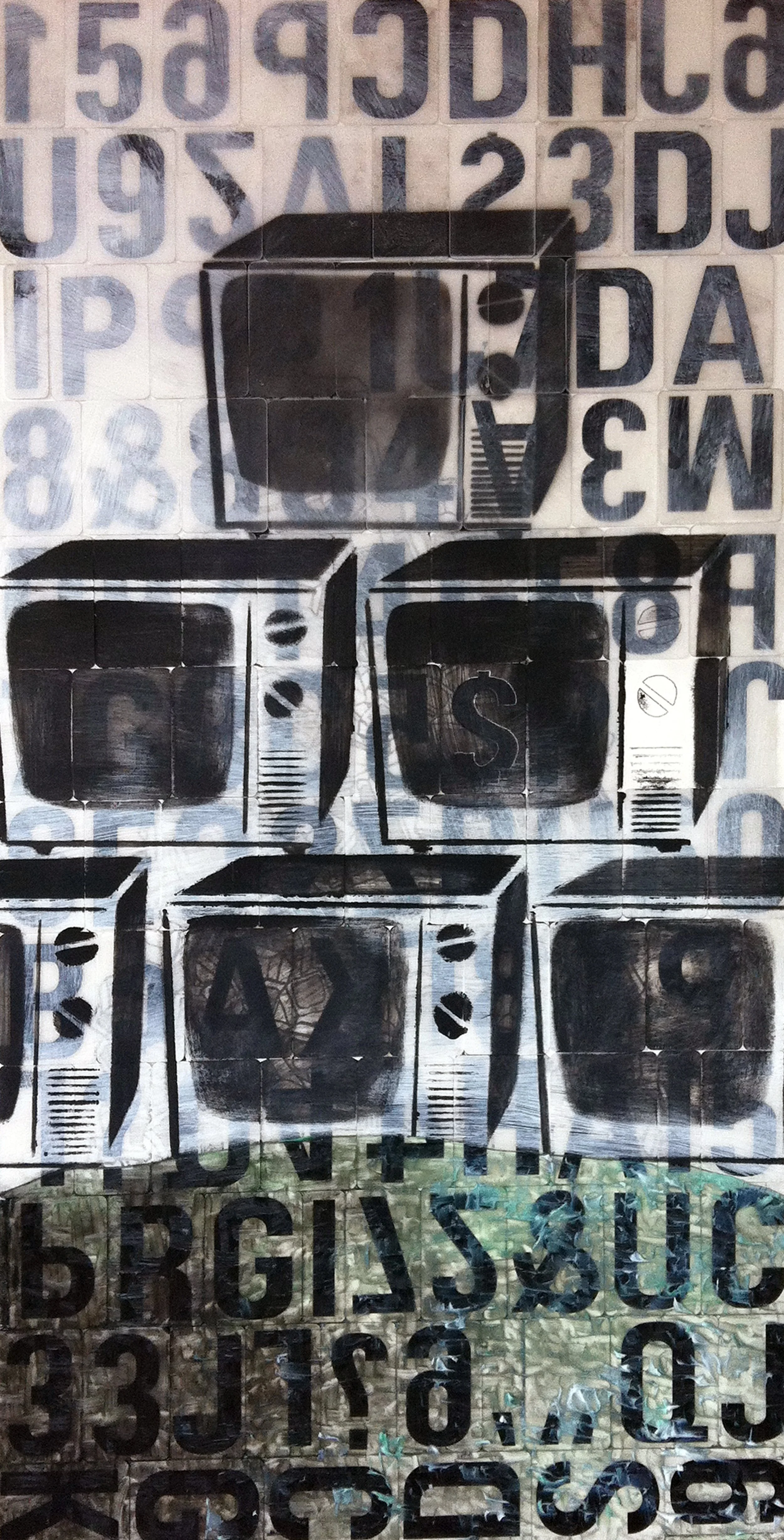 TV Totem V, acrylic, caulking, spray paint, marquee sign letter and adhesive, 48 x 96 inches, 2011 - NFS