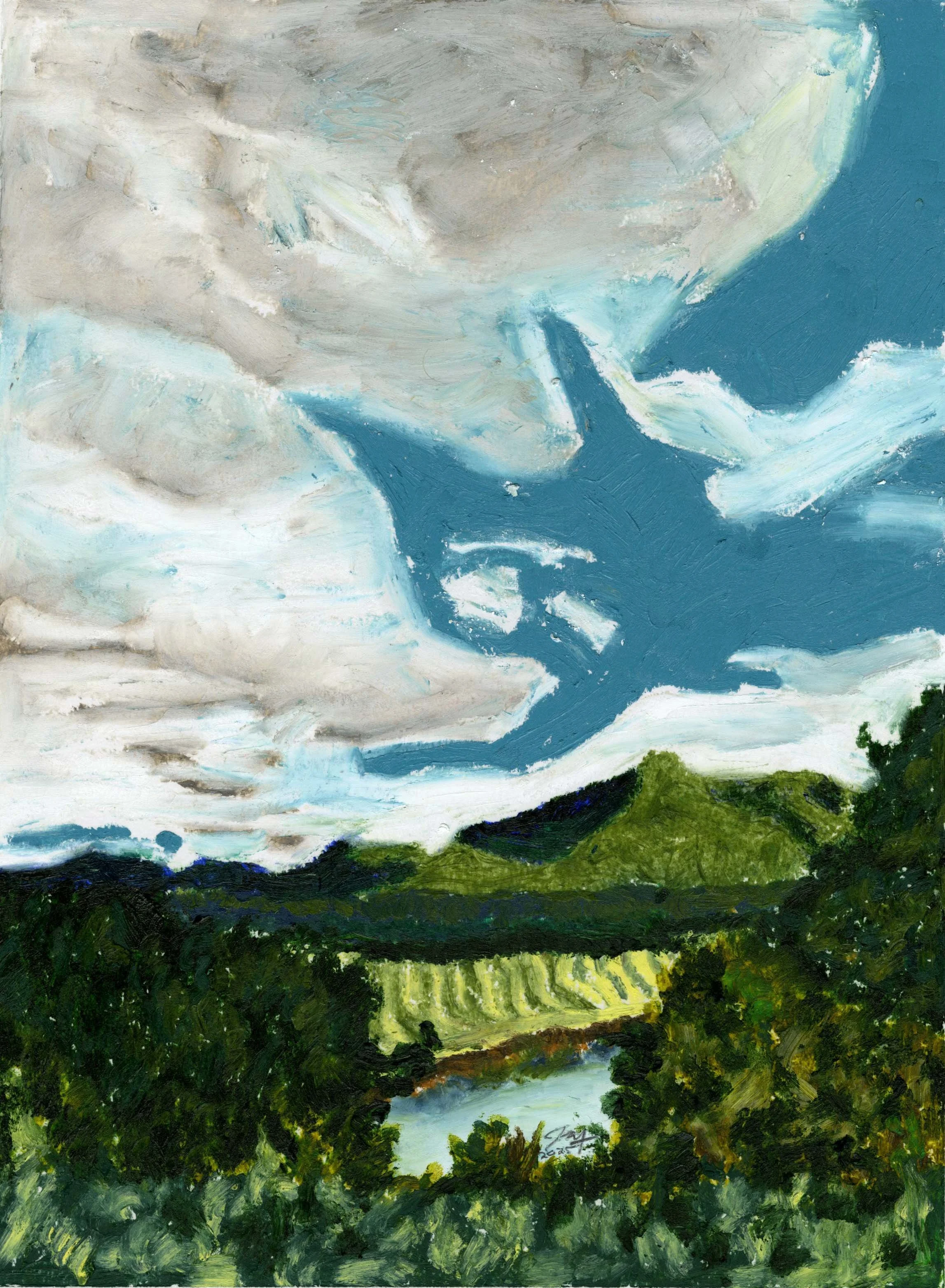 Farmland in North Conway, version II, oil pastel on paper, 9 in. x 12 in., 2025 - available for purchase $500.00
