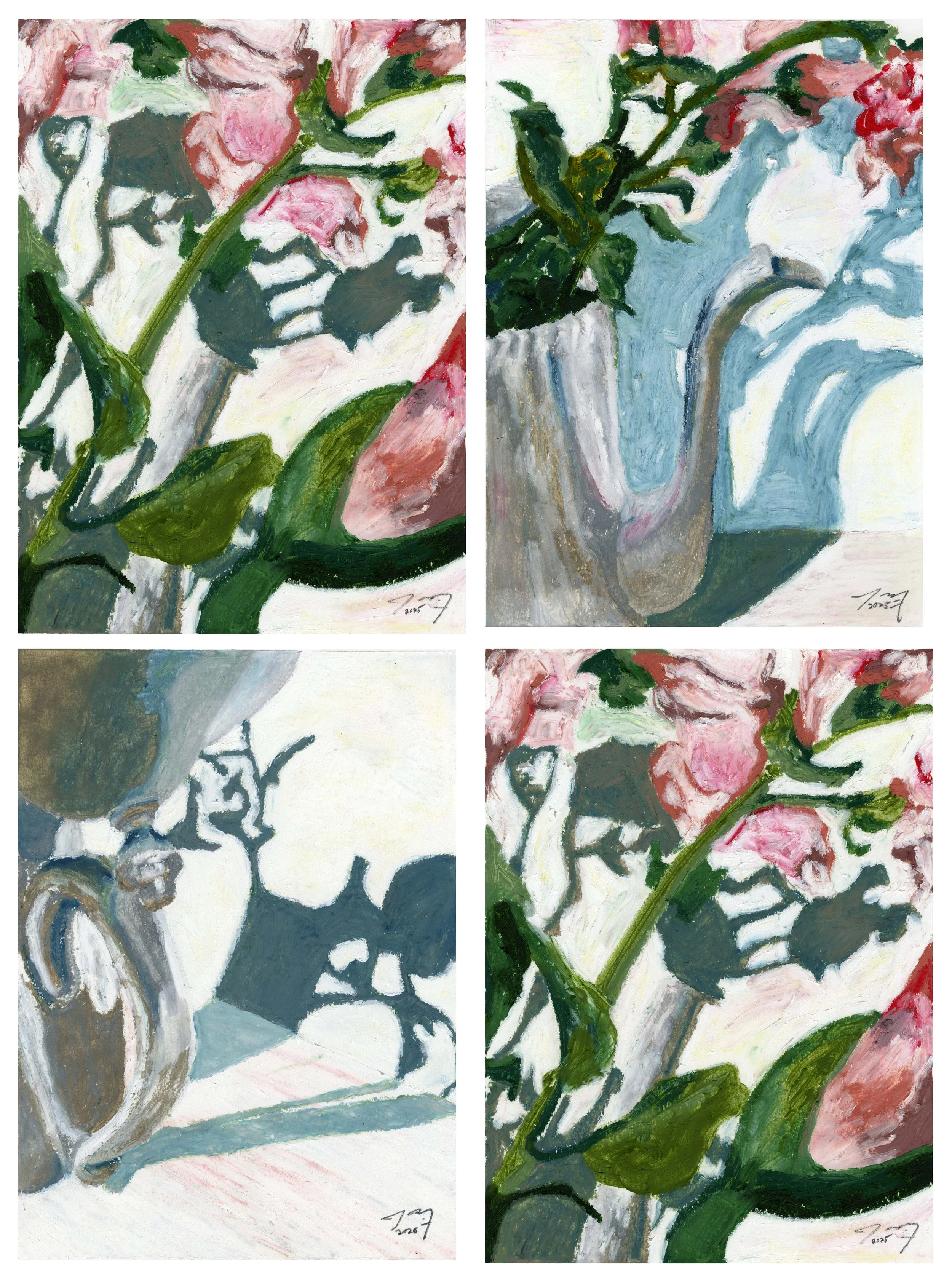 unique and artistic oil pastel drawing of snapdragons in an old, silver tea pot