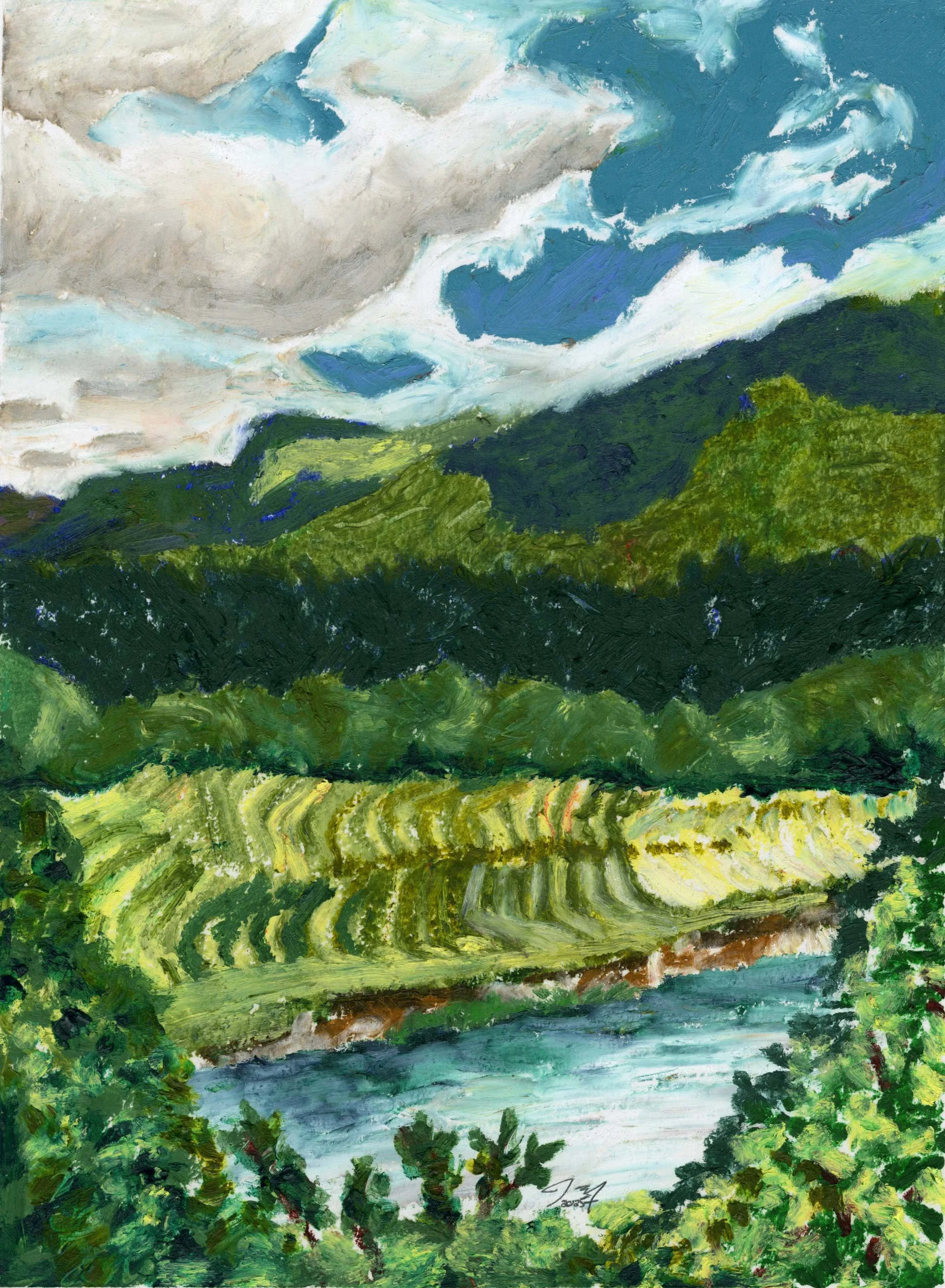 Farmland in North Conway, version I, oil pastel on paper, 9 in. x 12 in., 2025 - available for purchase $500.00