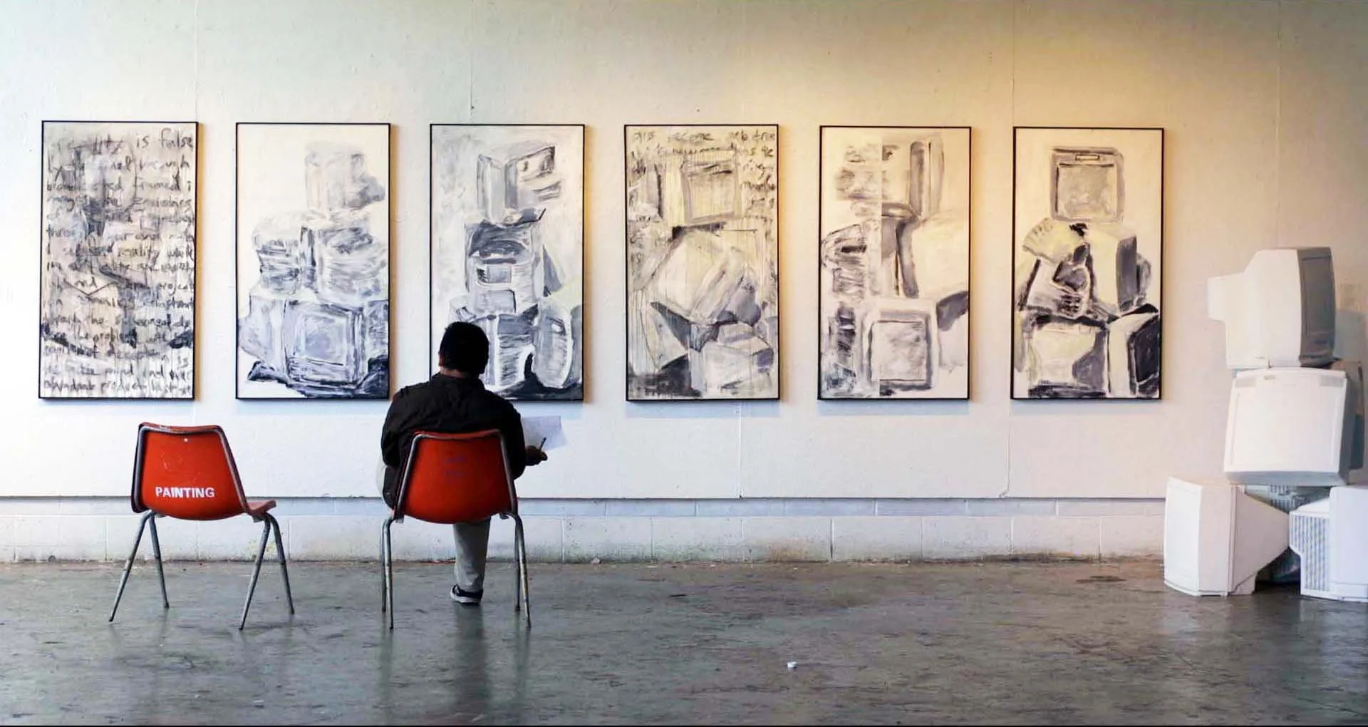 TV Panel Series I-VI with Television Totem sculpture, acrylic, caulking, and charcoal on canvas (paintings), found televisions and spray paint (sculpture), installation, 2008 - NFS