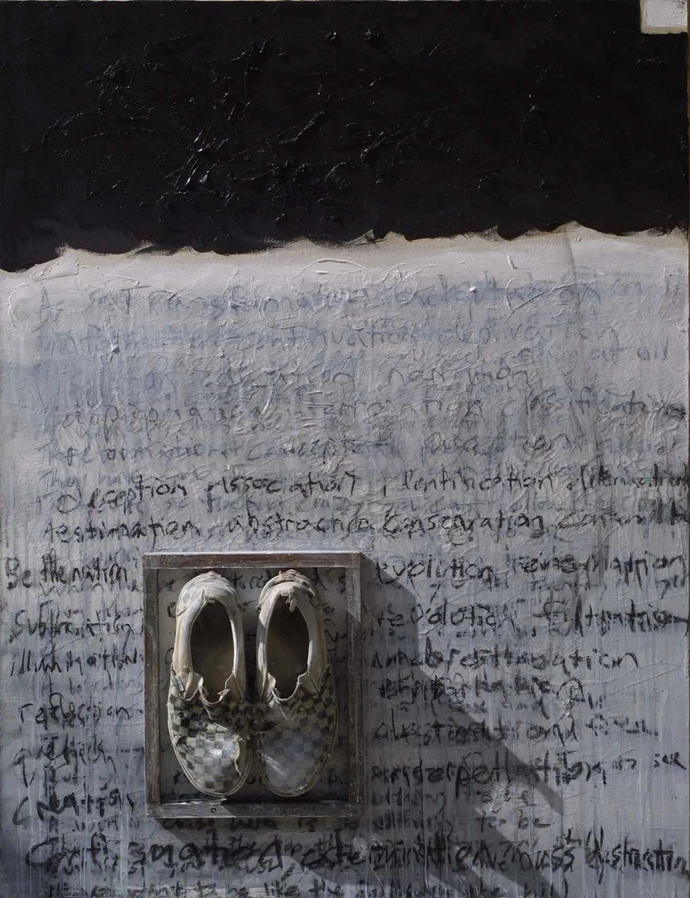 The Journey, Charcoal, acrylic, frame, and shoes on canvas,48 x 60 inches, 2008 - NFS
