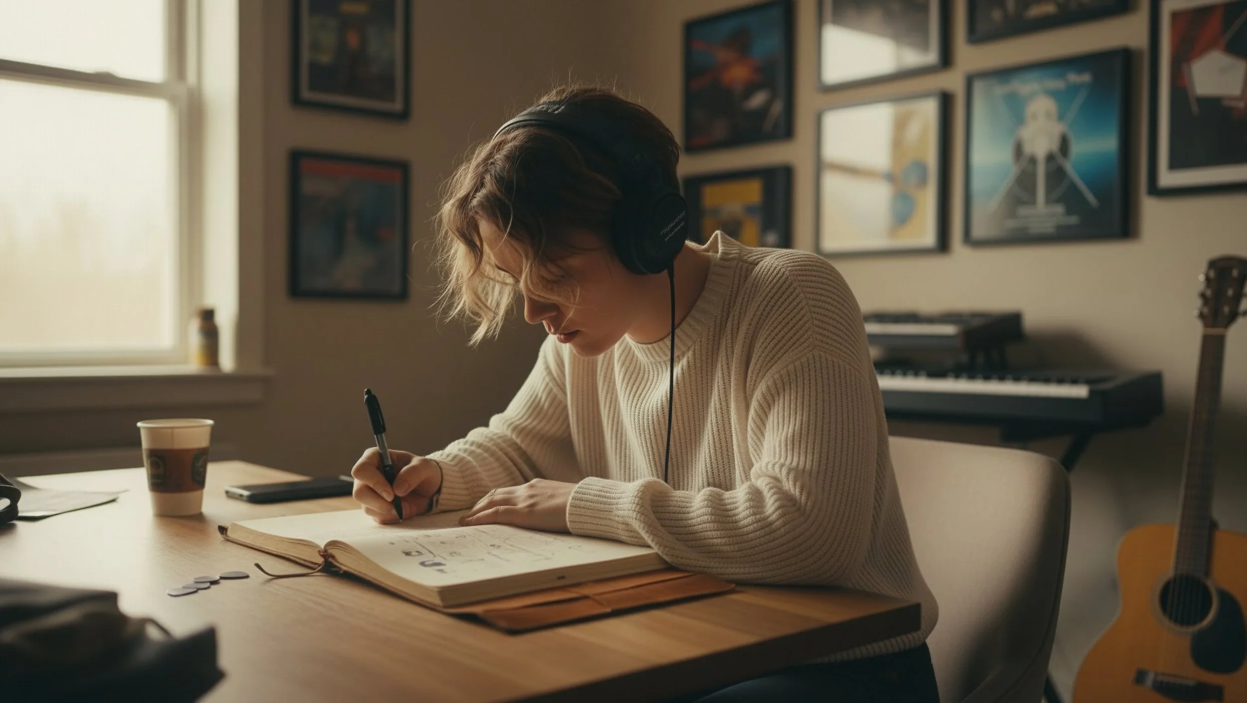 A young person with curly hair wearing headphones and a beige sweater, writing in a notebook at a wooden desk with a coffee cup, phone, and open book. A room with framed artwork, a keyboard, and an acoustic guitar is in the background.