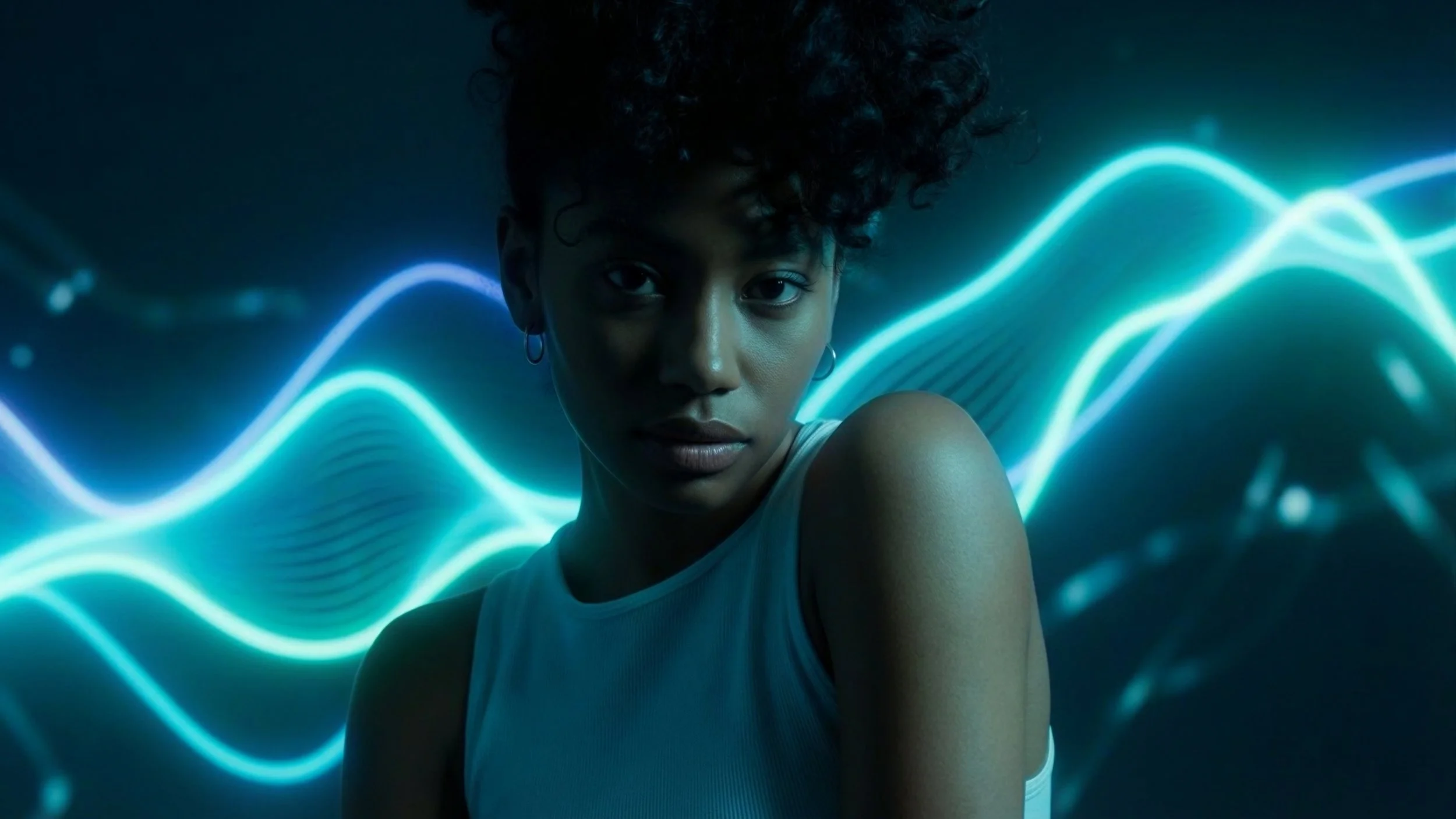 Young woman looking direct with various neon waveforms in the background