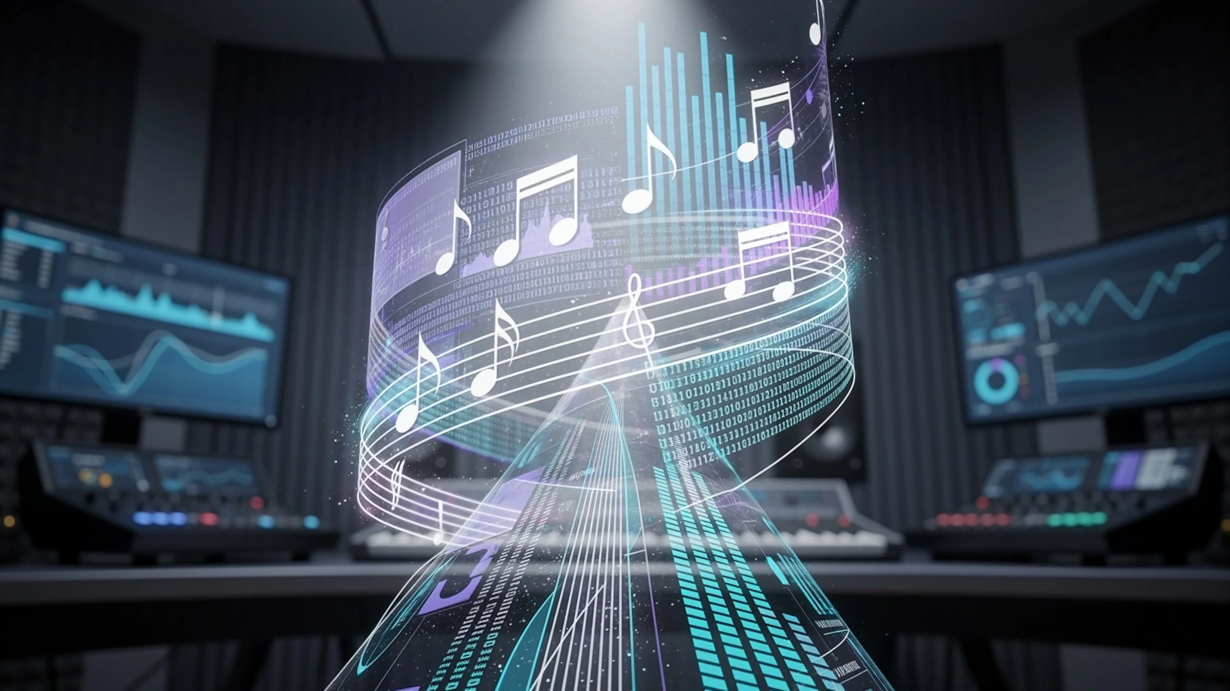 Studio equipment in the background with a conceptual image in foreground composed of musical notes and digital code