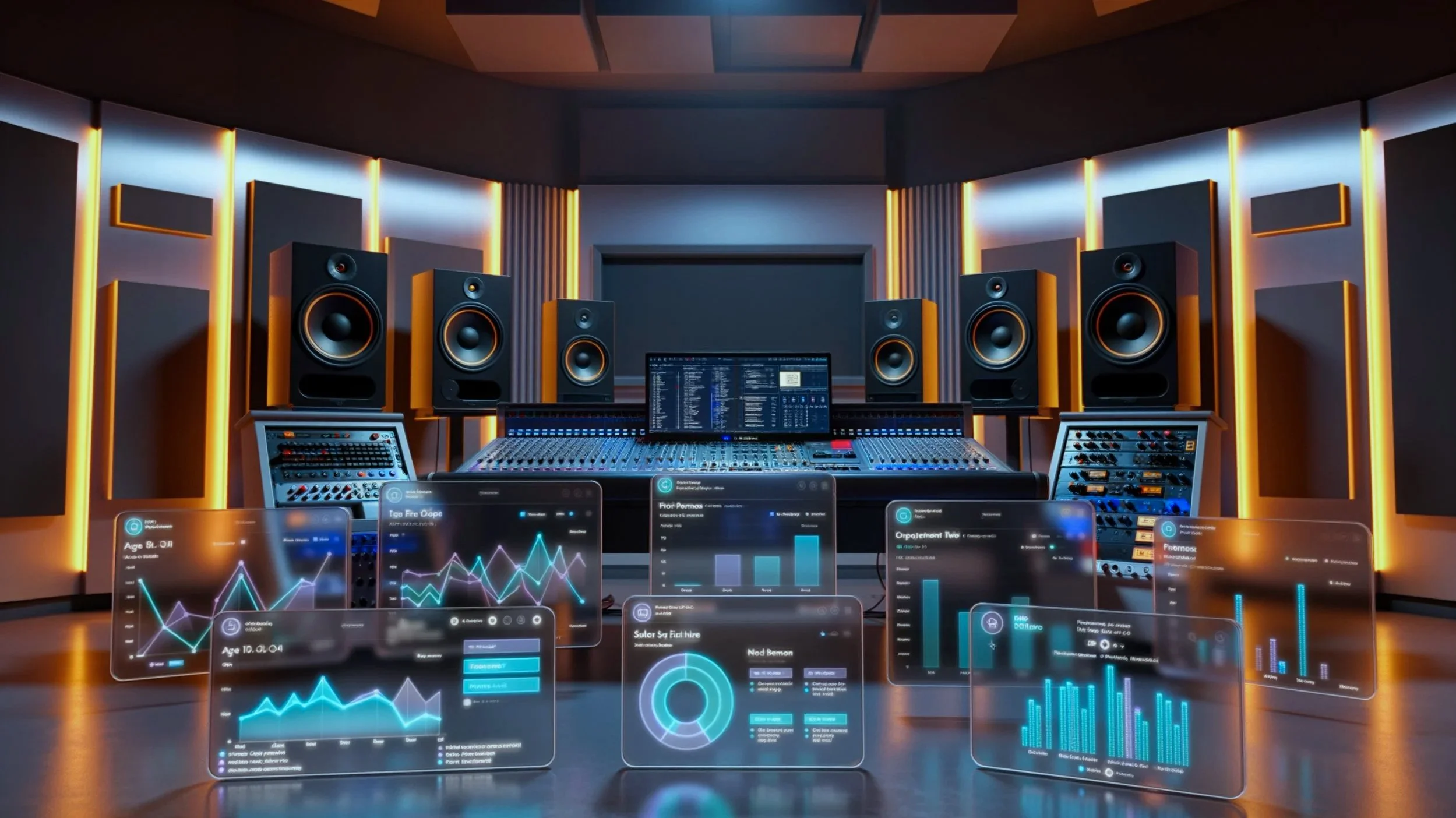 Large studio setup with multiple speakers and semi-opaque representations of analytic charts and graphs in the foreground