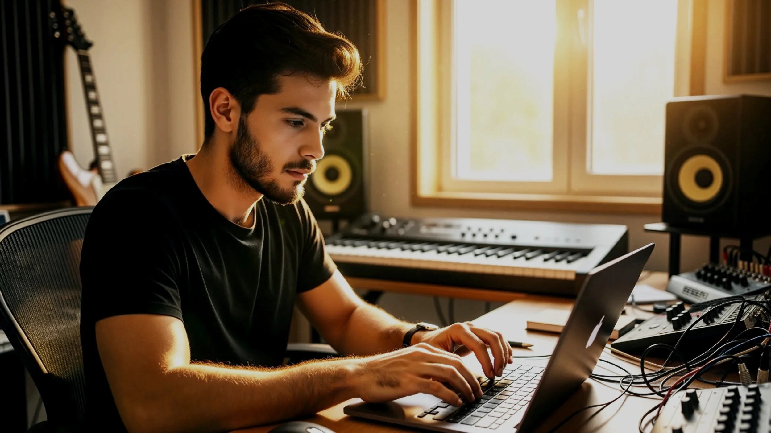 Man in home studio typing on the laptop