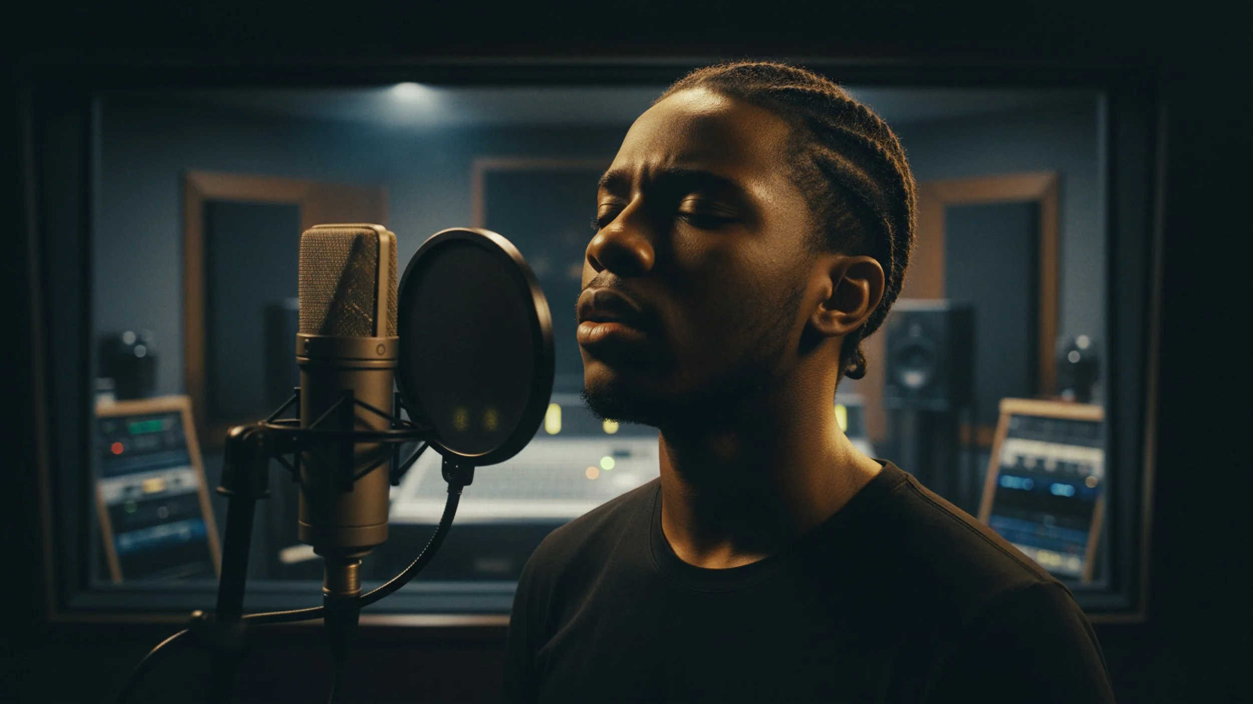 Man singing into a studio microphone