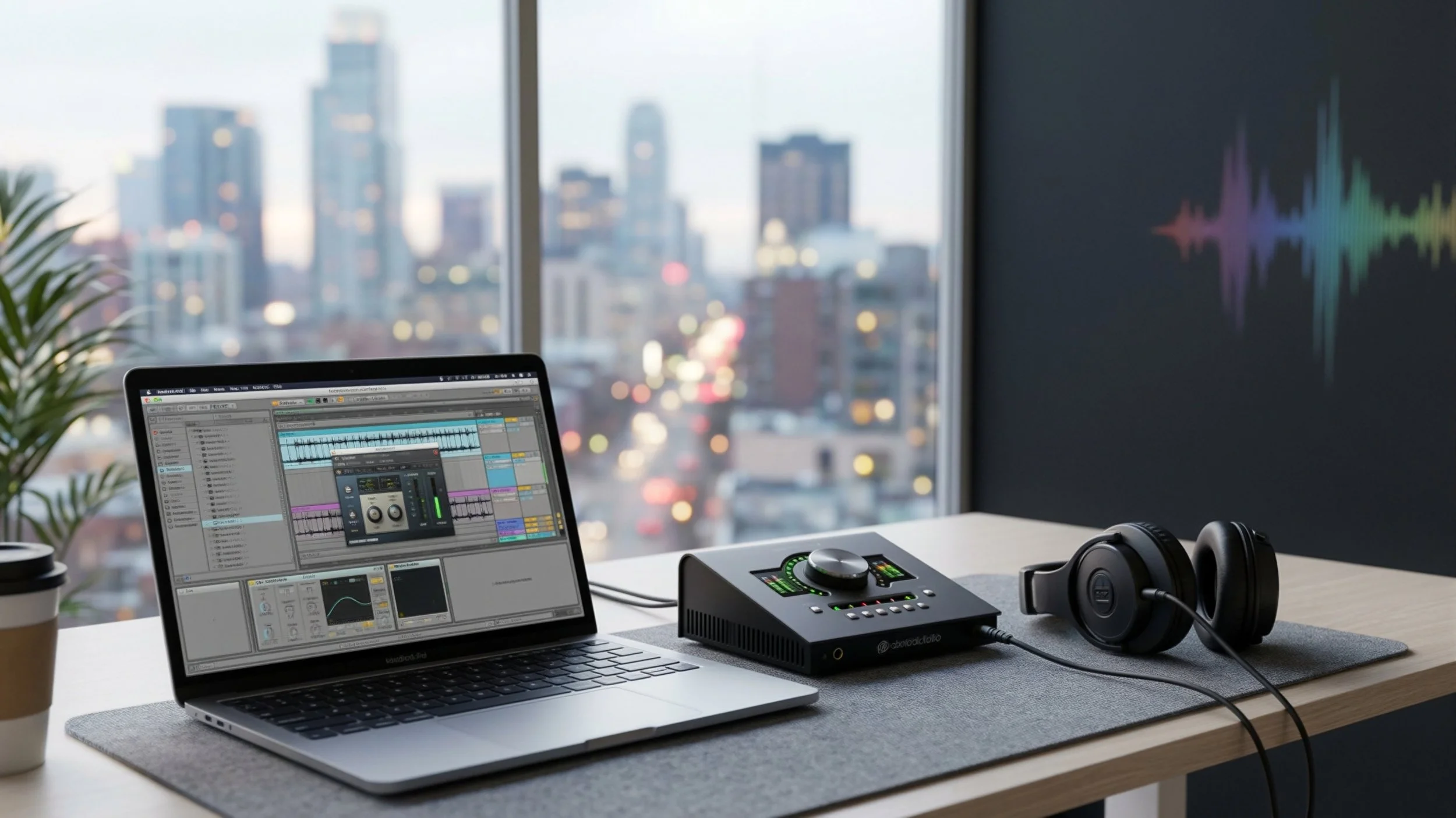 Laptop, audio input device, and headphones on a clean modern desk overlooking the city skyline