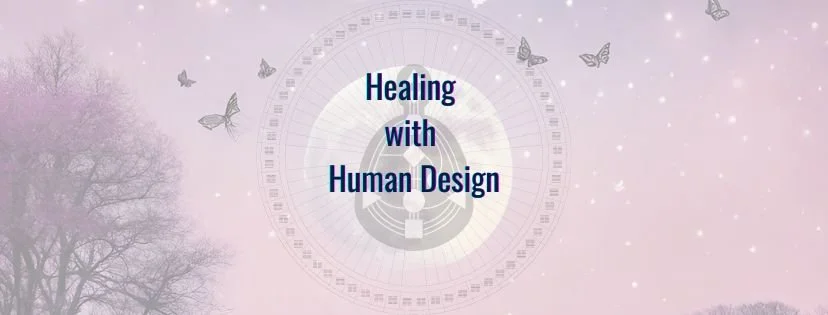 Graphic with the text 'Healing with Human Design' over a soft purple background with butterflies and a tree.