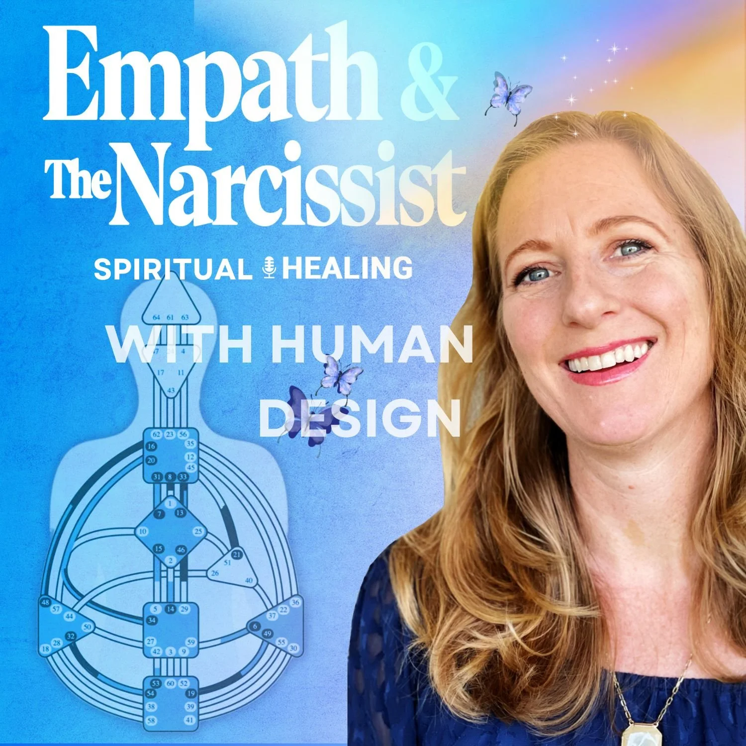 Book cover titled 'Empath & The Narcissist: Spiritual Healing with Human Design.' Empath Healing from Narcissistic Abuse. The cover features a smiling woman with blonde hair in a blue top, with a colorful background and butterfly illustrations.