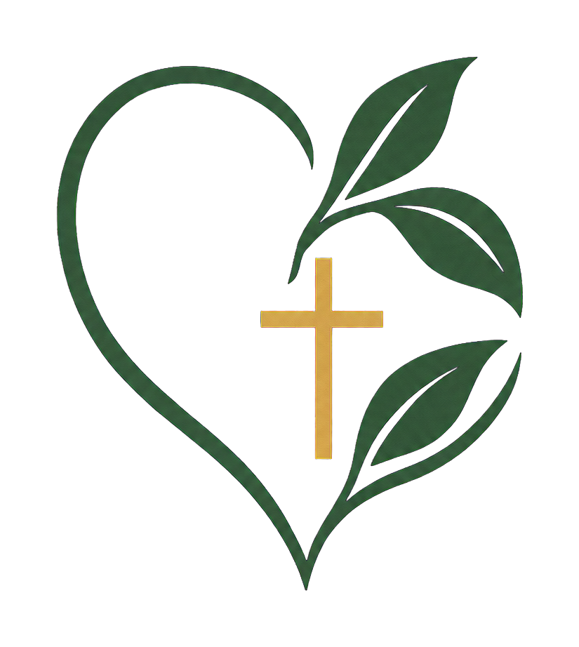 A stylized heart with green outline and pink fill, with green leaves and a gold cross overlaying the heart.