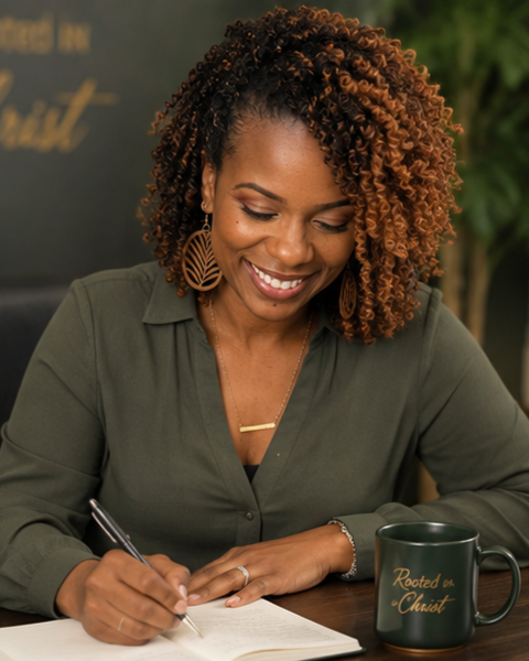Desiree “Dezi” McDaniel, psychiatric mental health nurse practitioner and founder of The Vine, writing beside a mug that reads “Rooted in Christ.”