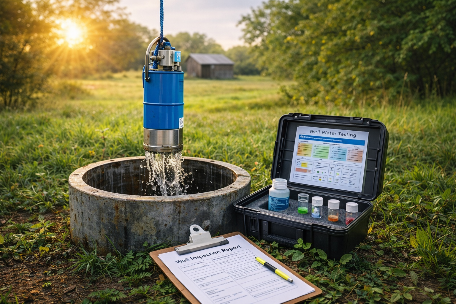 Well water testing equipment and report in a grassy field during sunset, including a well inspection report, test samples, and a case with a water testing chart.