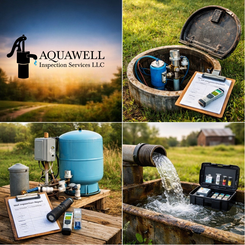 Collage of water testing and inspection services, including a company logo, underground water supply system, well inspection equipment, and water quality testing kit.