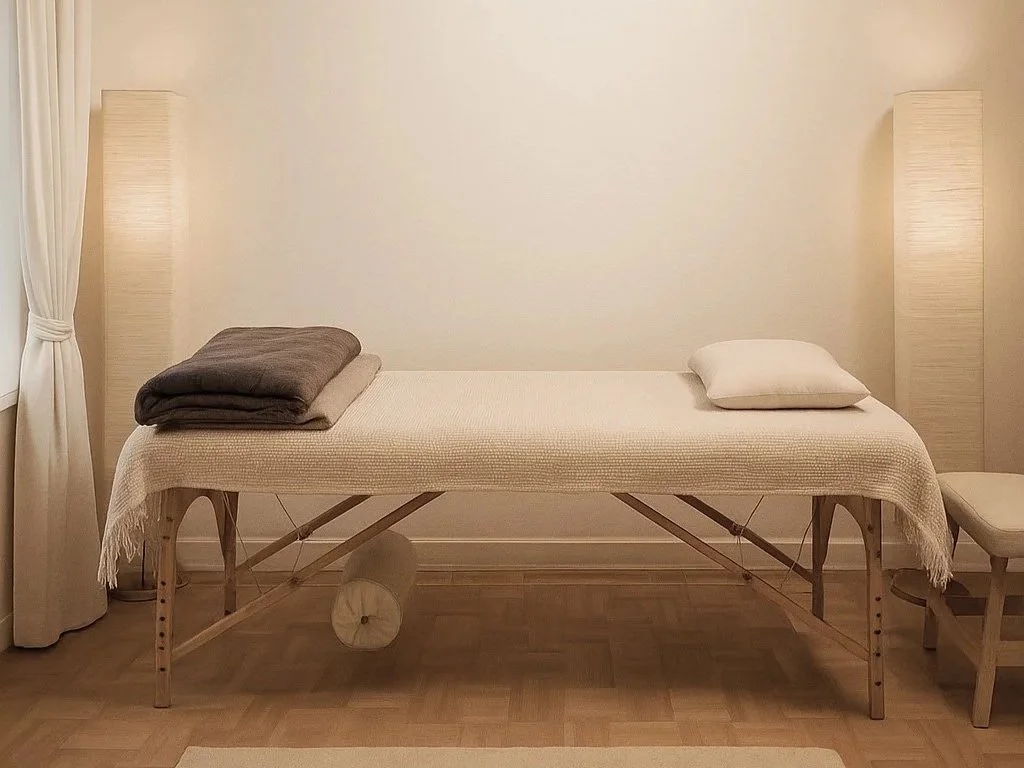 Ein Massagetisch in einem ruhigen Raum mit weißen Wänden, seitlichen Stehlampen, einer weißen Decke, Kissen und Handtüchern, und einem Stuhl.