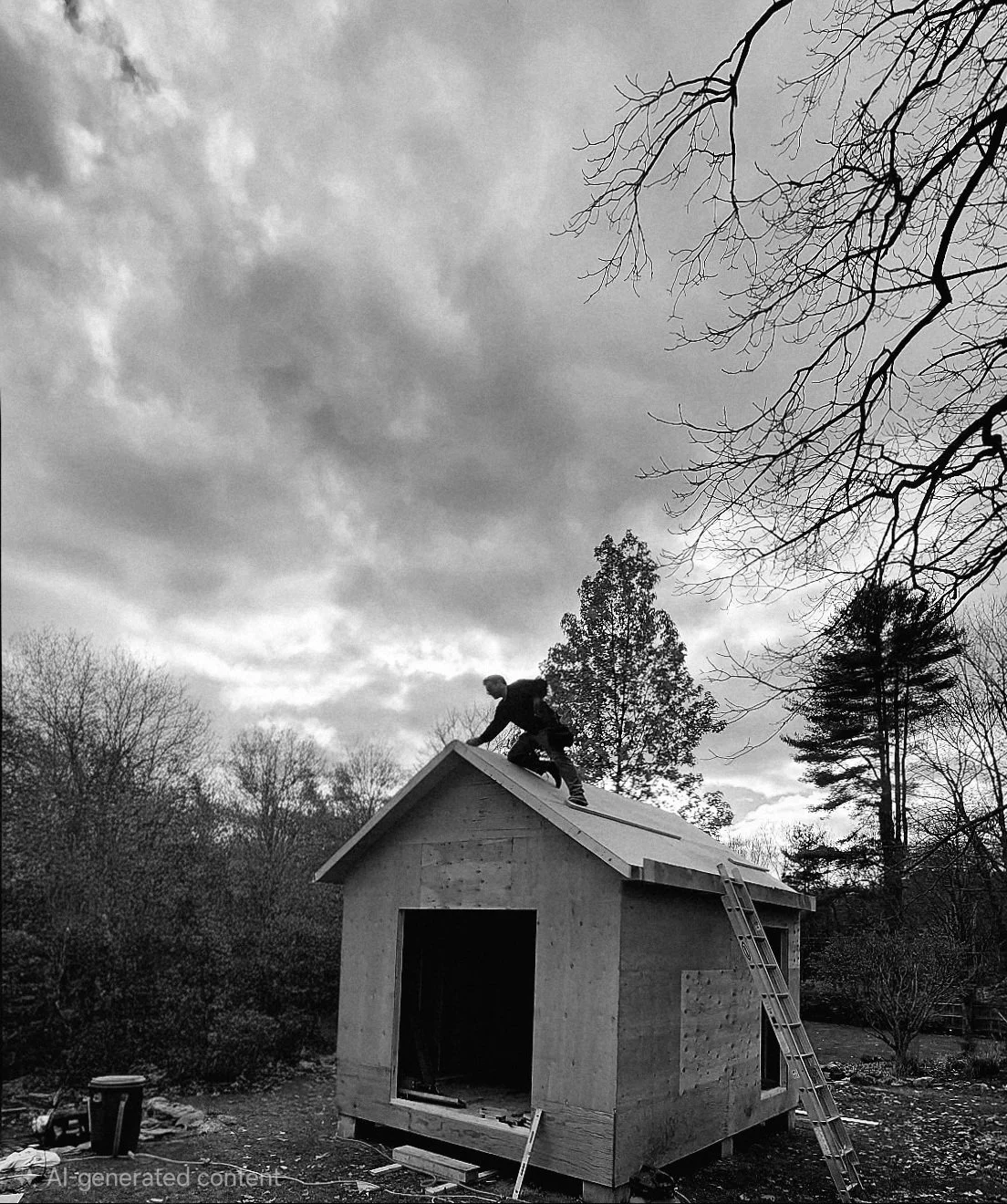 A person working on the roof of a small wooden house under cloudy sky with leafless trees in the background.
