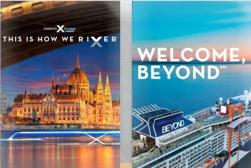 Split image featuring a cityscape with a lit-up historic building on the left and a cruise ship deck with the words 'Welcome Beyond' on the right.