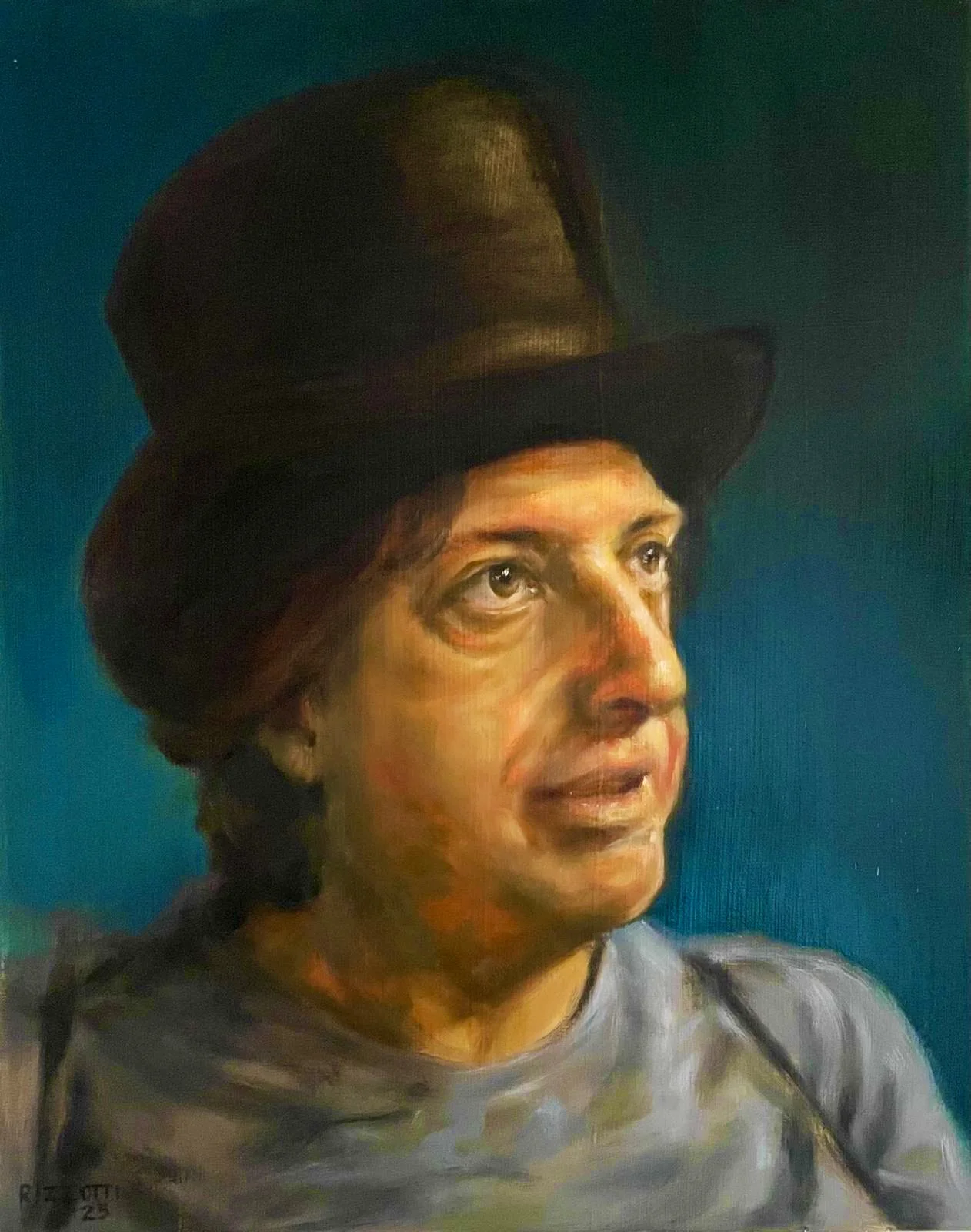 Painting of a woman wearing a black hat with a wide brim, looking upward with a contemplative expression, against a blue background.