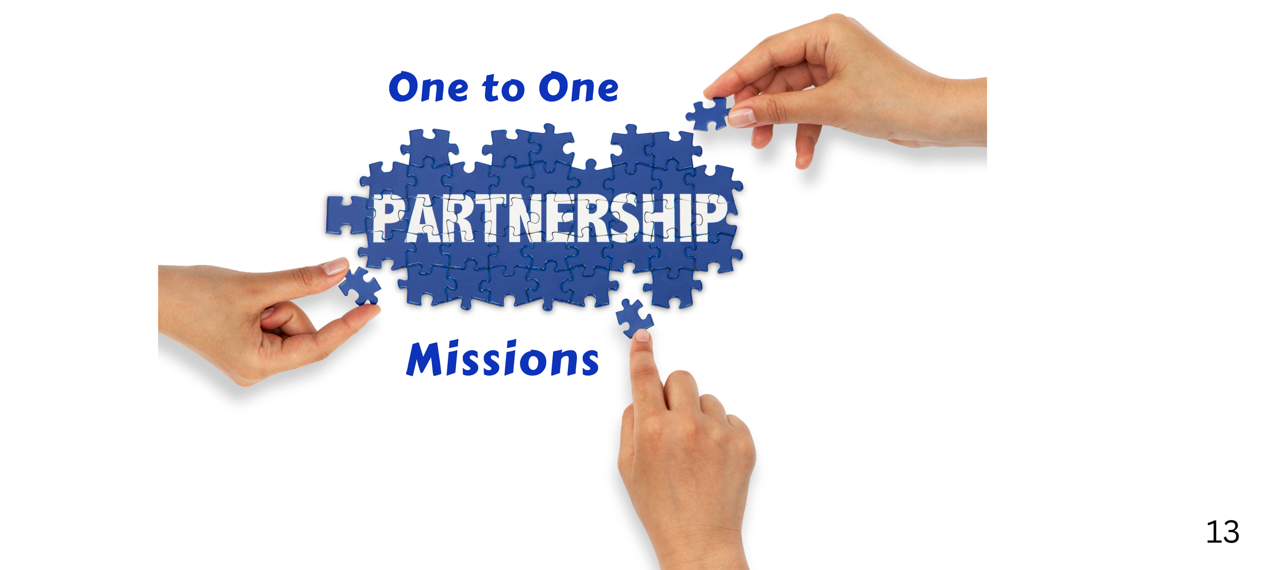 Three hands assembling a blue puzzle with the words 'Partnership,' 'Missions,' and 'One to One' on it, symbolizing teamwork and collaboration.