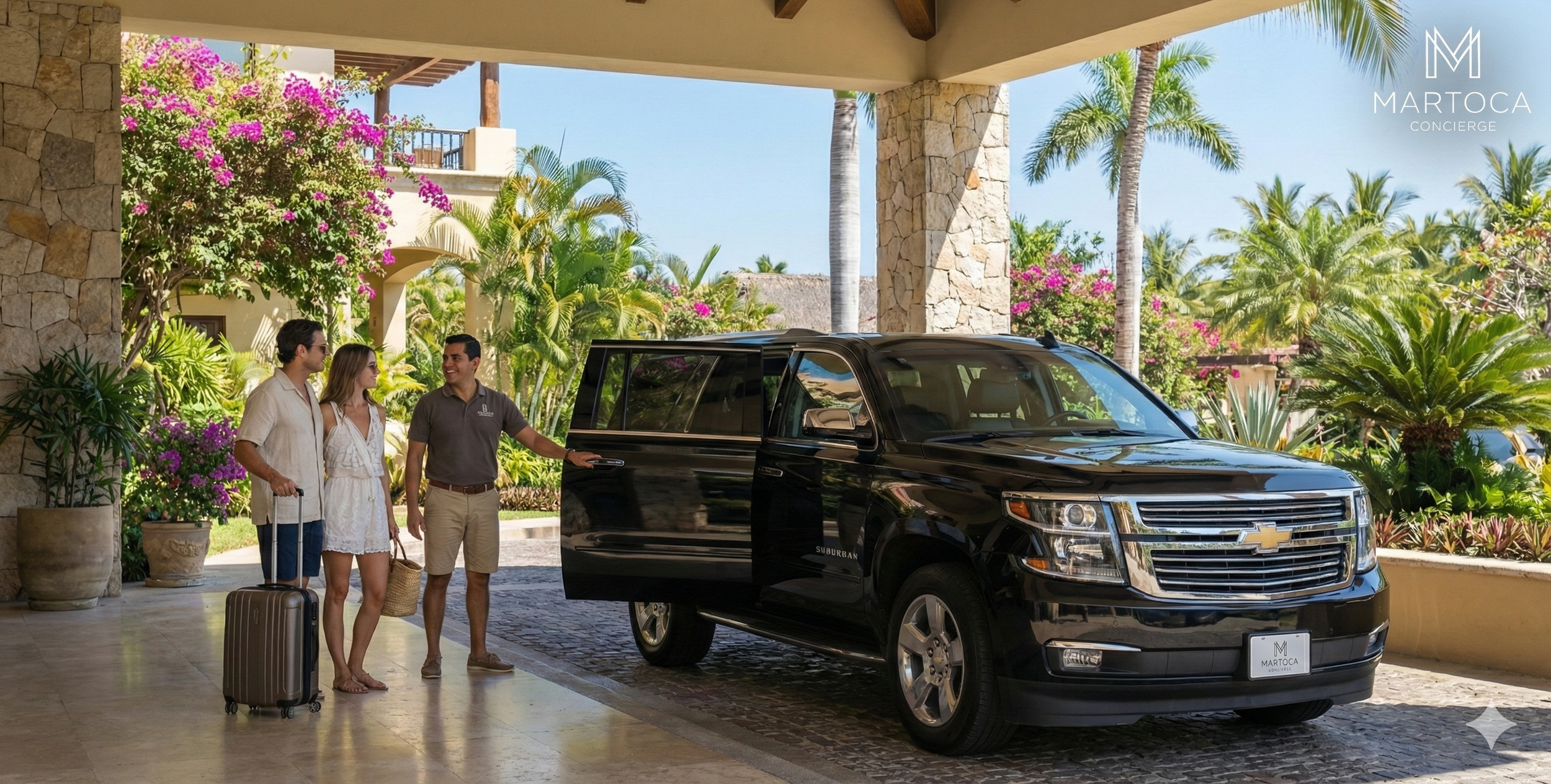 A black Mercedes-Benz van parked outside a modern hotel entrance during evening, with the hotel lobby visible through glass doors, palm trees and outdoor lighting in the background.