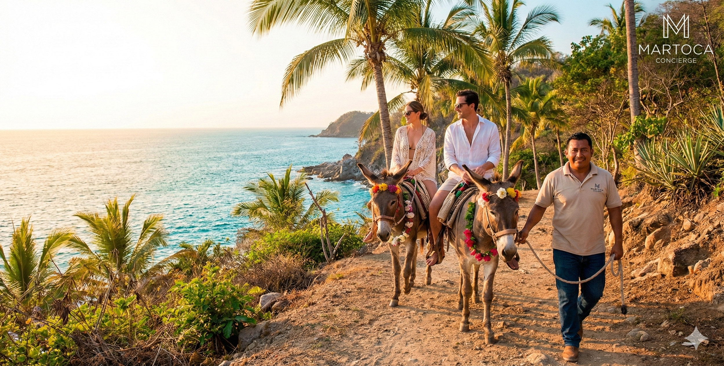 A tropical beach with clear green water, a sandy shore, and a lush green hillside under a bright blue sky.