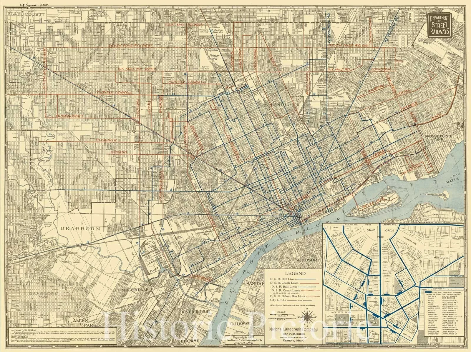 Historical map of Detroit, Michigan, showing street railway lines, coach lines, and city boundaries with a legend and inset map of downtown Detroit.