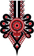 Stylized black, red, and white symmetrical tribal or cultural design with floral and geometric patterns