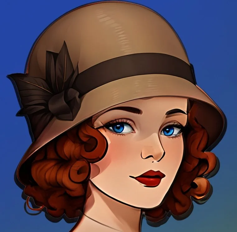 A cartoon illustration of a woman wearing a beige cloche hat with a black ribbon and bow, and having curly red hair, blue eyes, and red lipstick against a blue background.