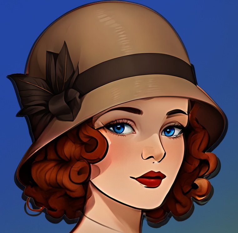 A digital illustration of a woman with curly red hair wearing a beige cloche hat with a black band and a dark flower decoration.