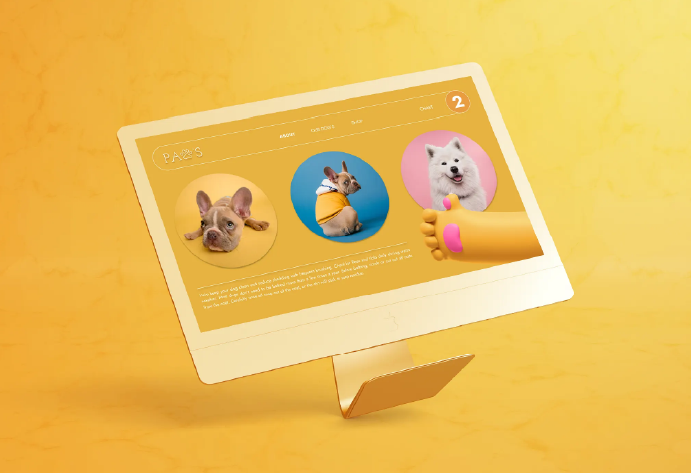A computer monitor displays a travel booking website with images of three different dogs and a hand holding a thumbs-up sign. The background is yellow.