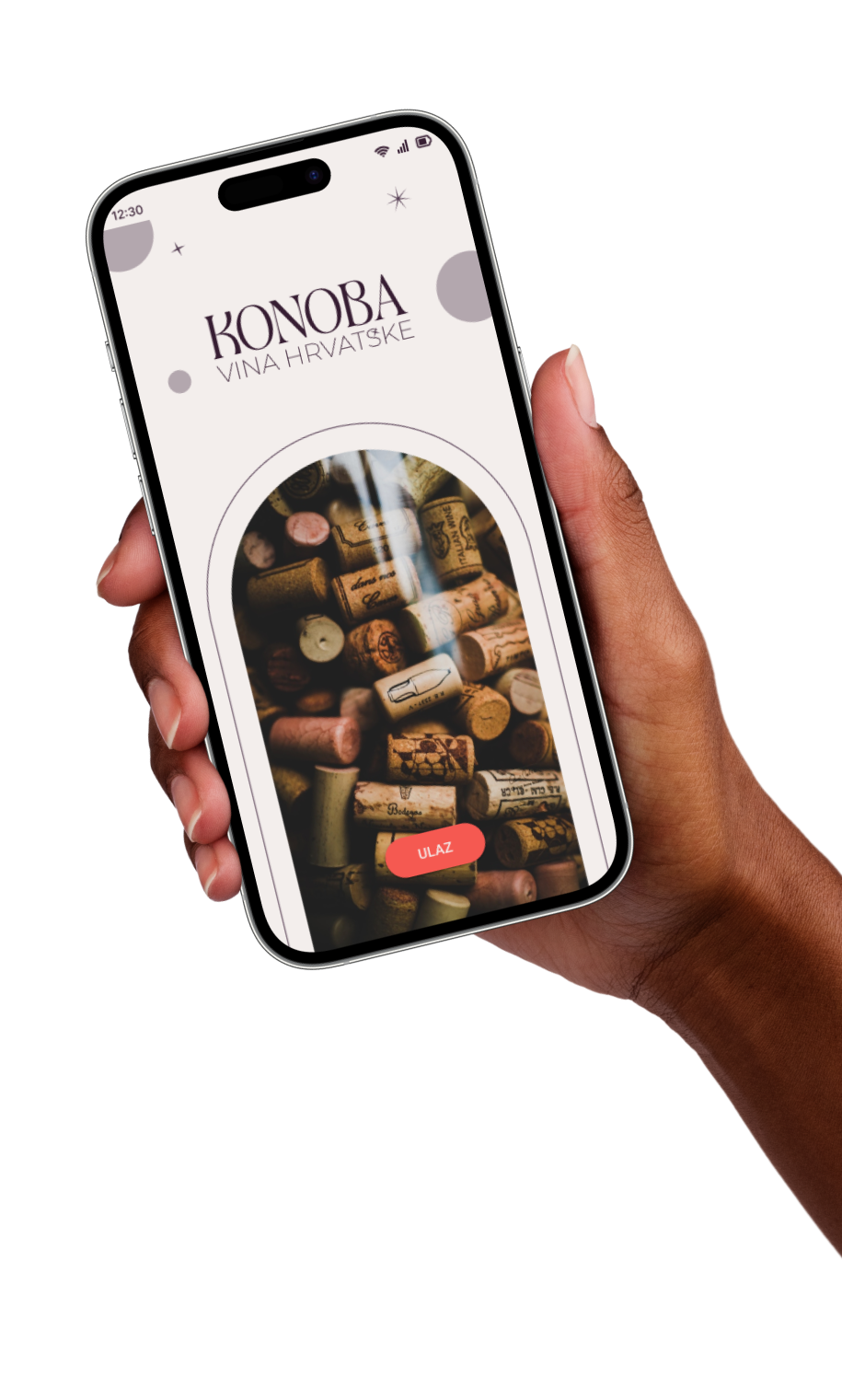 A person holding a smartphone displaying an app called KONOBA VINA HRVATSKE with a background image of wine corks and a red button labeled 'ULAZ'.