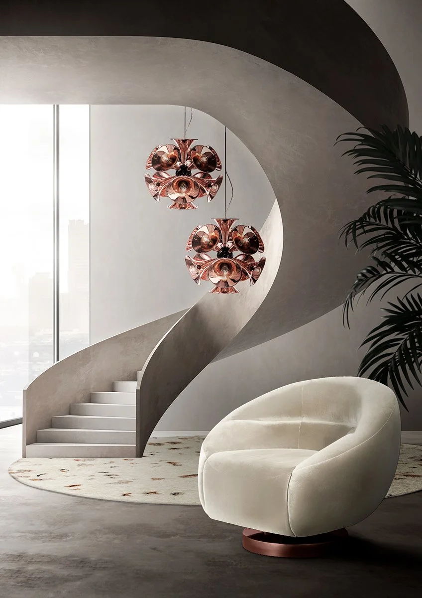 Modern interior living space with a spiral staircase, round white chair, decorative rug, and pink pendant lights, with large window and plant.