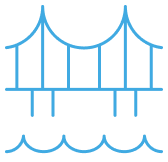Line drawing of a suspension bridge over water
