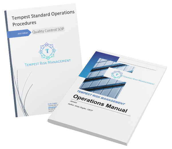 Two management books, one titled 'Tempest Standard Operations Procedures 2022 Edition' and the other 'Operations Manual' for Tempest Risk Management, with a blue building facade on the covers.
