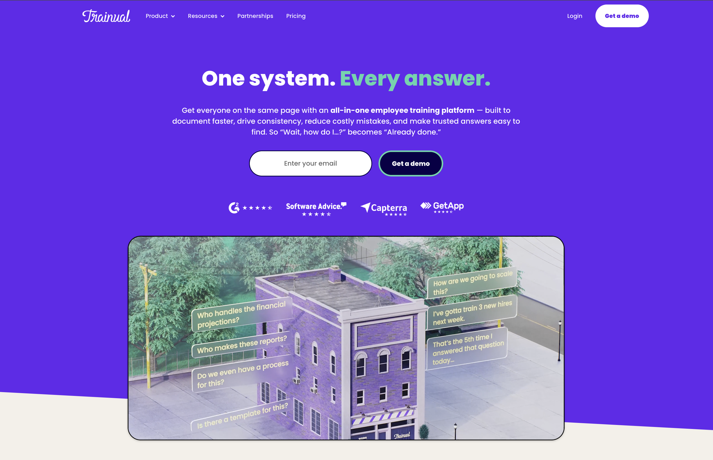 Screenshot of a website homepage for an employee training platform called 'Trainual' with a purple background, headline 'One system. Every answer.', a call-to-action to get a demo, and an illustration of a building with speech bubbles containing questions and statements.